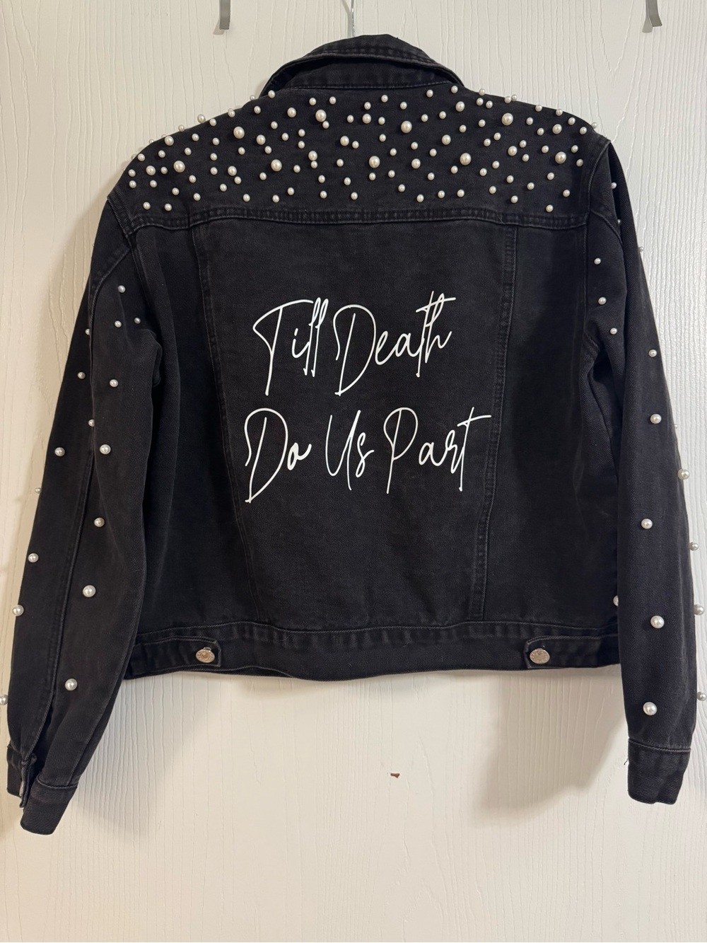 Women’s Black Pearl-Embellished Denim Jacket - 'Till Death Do Us Part' wedding